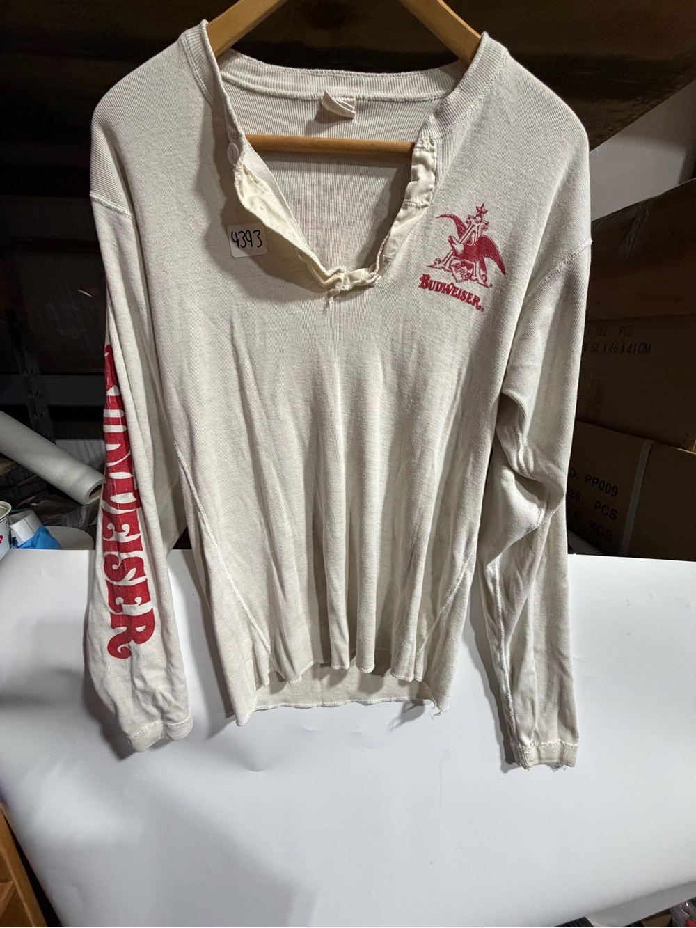 #4393-Budweiser Cream Long Sleeve Shirt with Red Logo